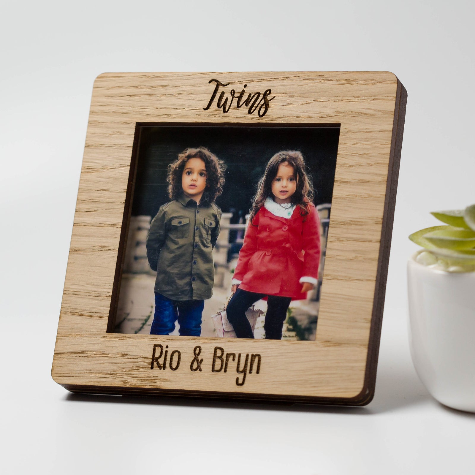 Personalised Twins Babies Photo Frame Oak Square Photo Frame