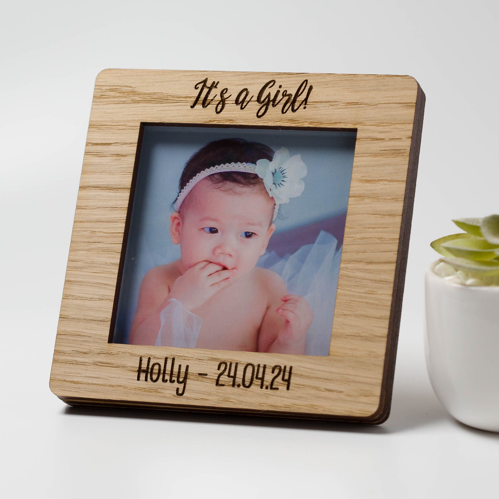 Personalised It's a Girl Newborn Baby Solid Oak Square Photo Frame