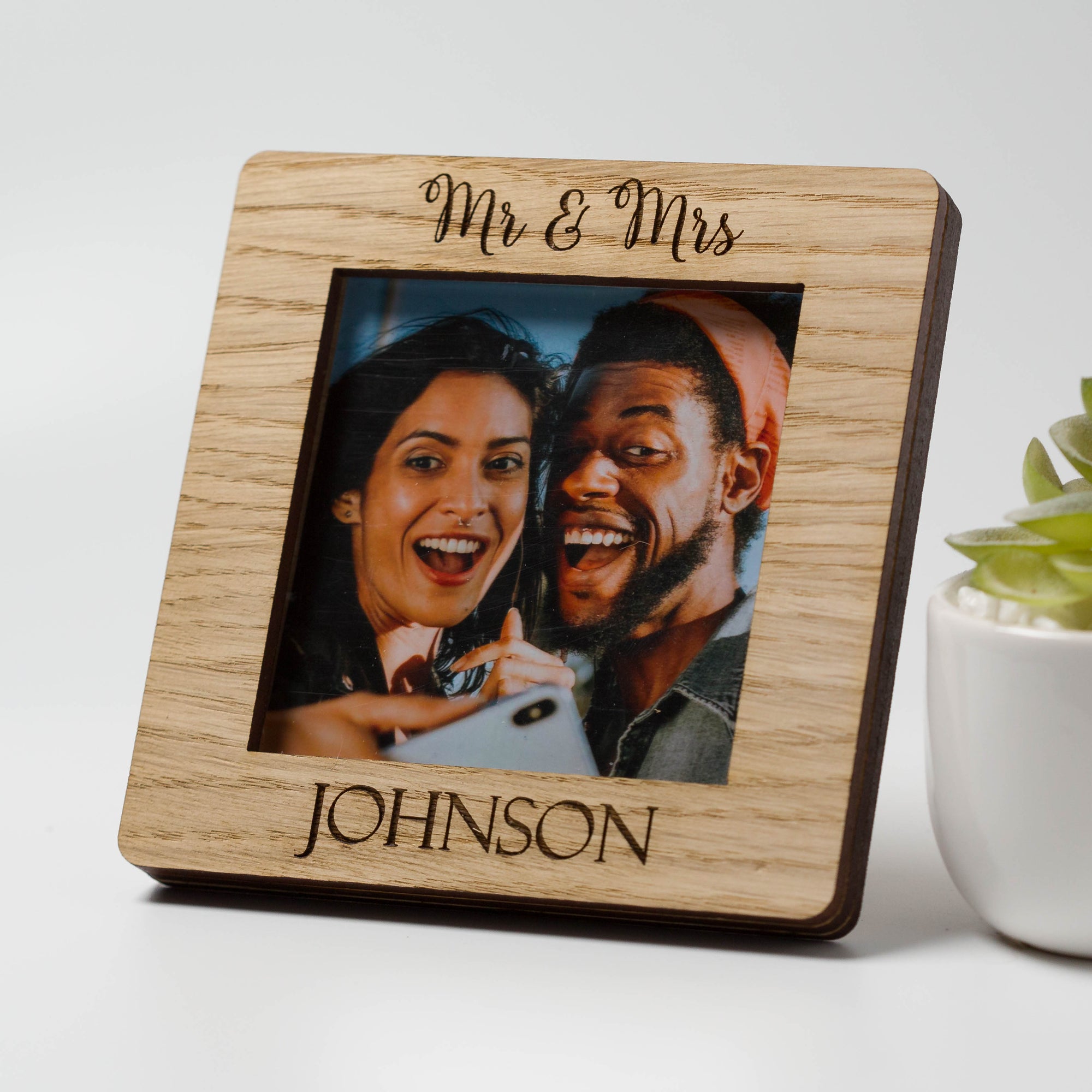 Personalised Mr & Mrs, Mr and Mr or Mrs and Mrs Oak Square Photo Frame