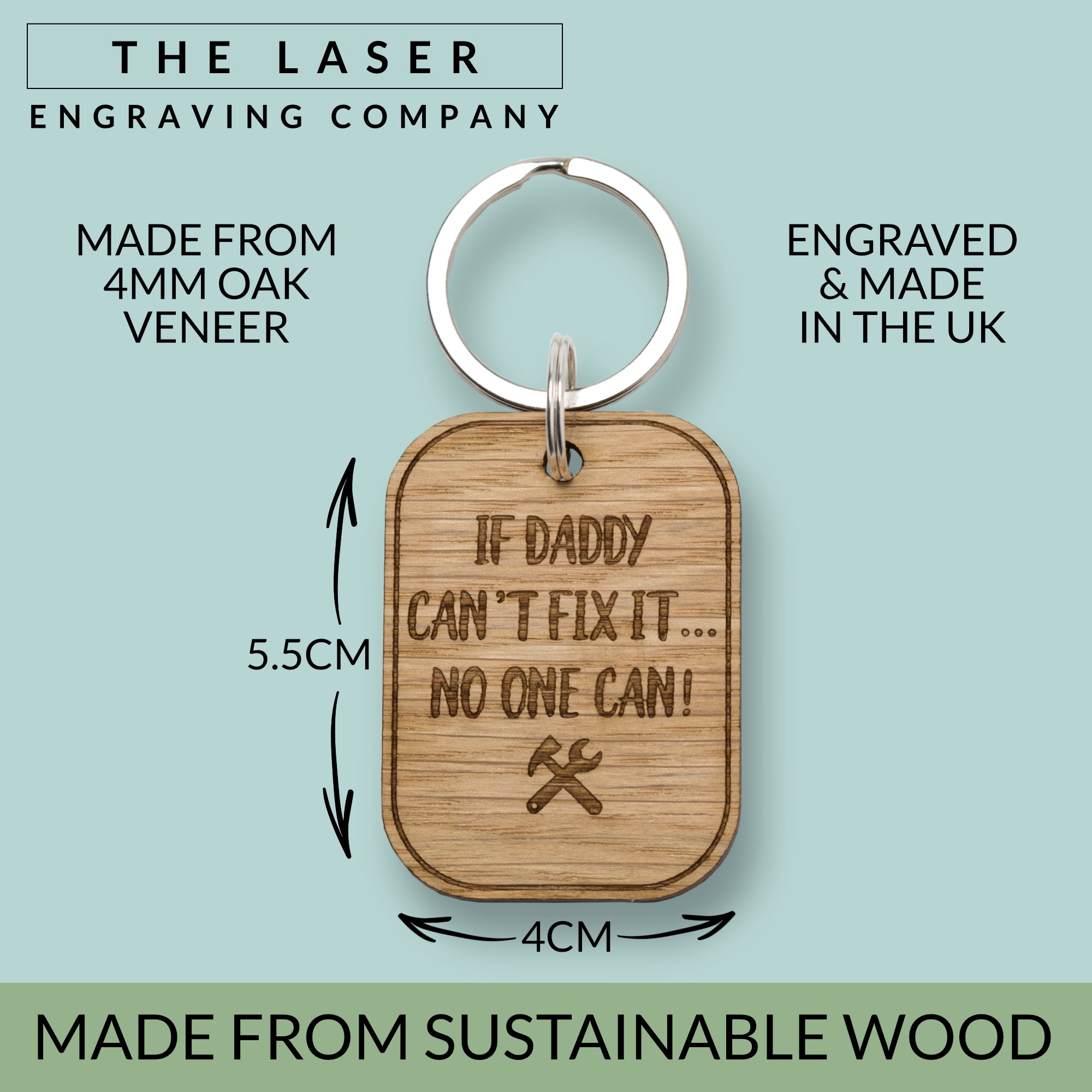 'If Daddy Can't Fix It...' Oak Keyring, Key Ring, Father's Day Gifts From Daughter Son, Grandad Birthday