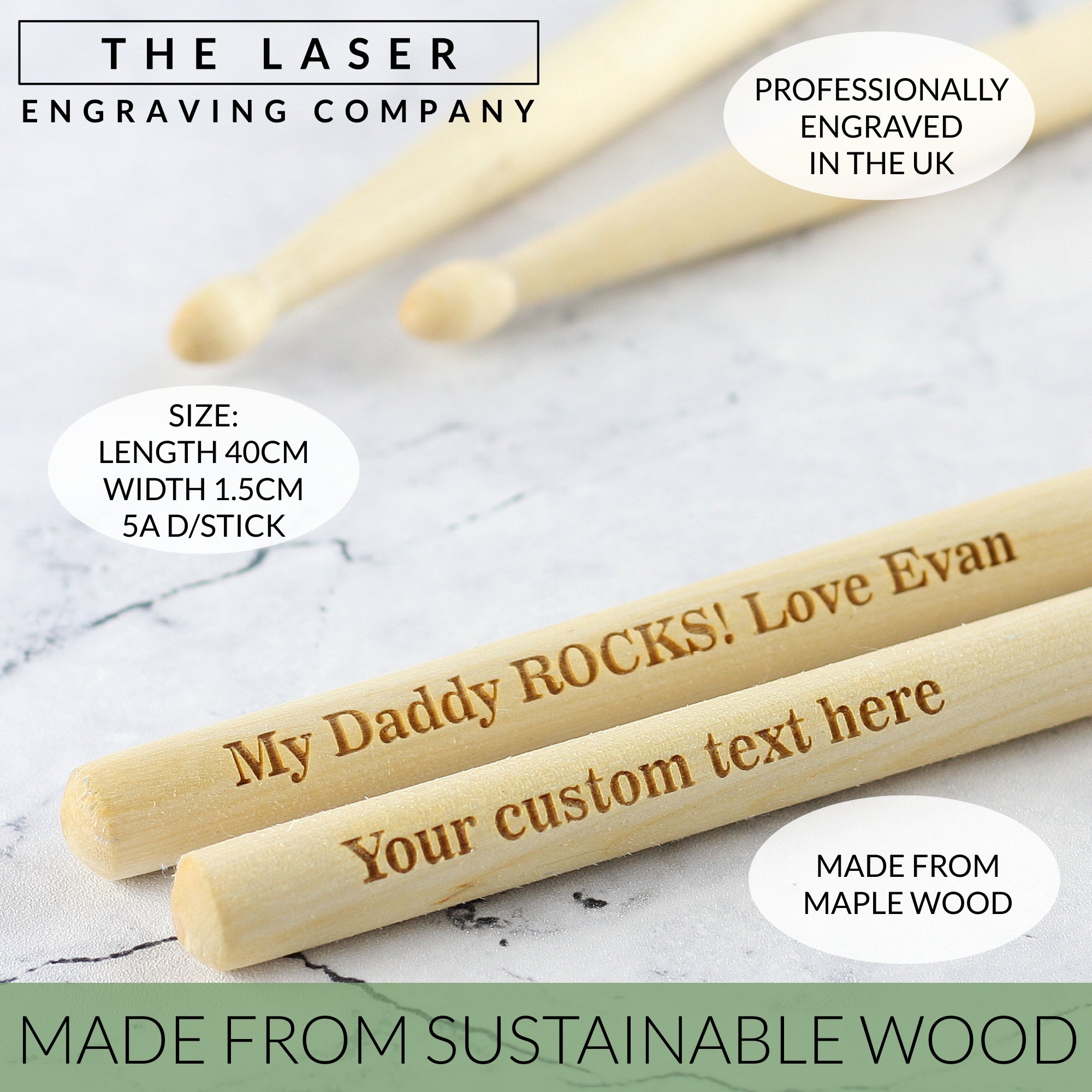Personalised Maple Wood Pair of Drum Sticks