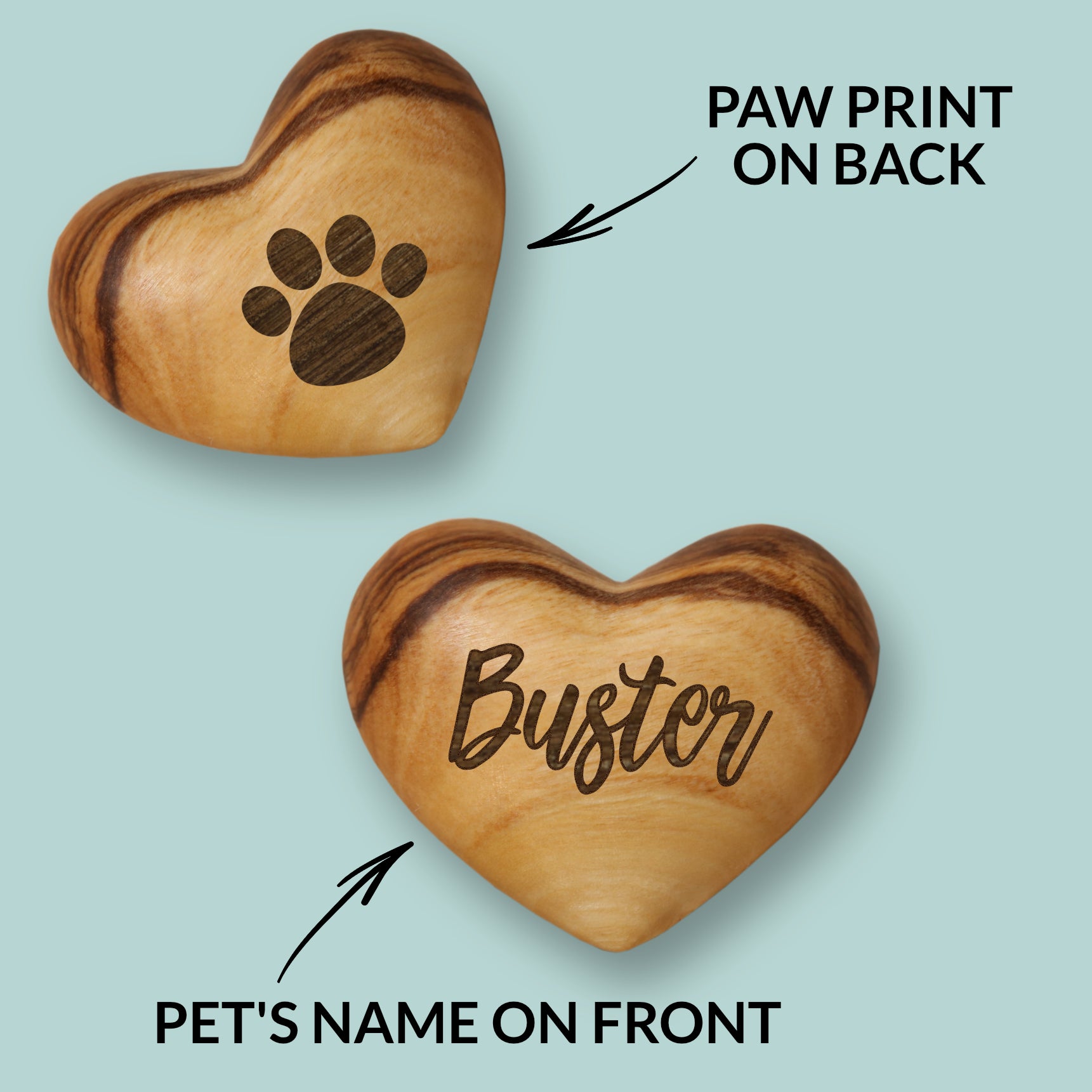 Personalised Small Pet Memorial Olive Wood Heart Pocket Token Hug Keepsake Paw Print Pet Sympathy Pawprint