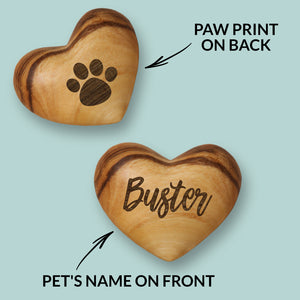 Personalised Small Pet Memorial Olive Wood Heart Pocket Token Hug Keepsake Paw Print Pet Sympathy Pawprint