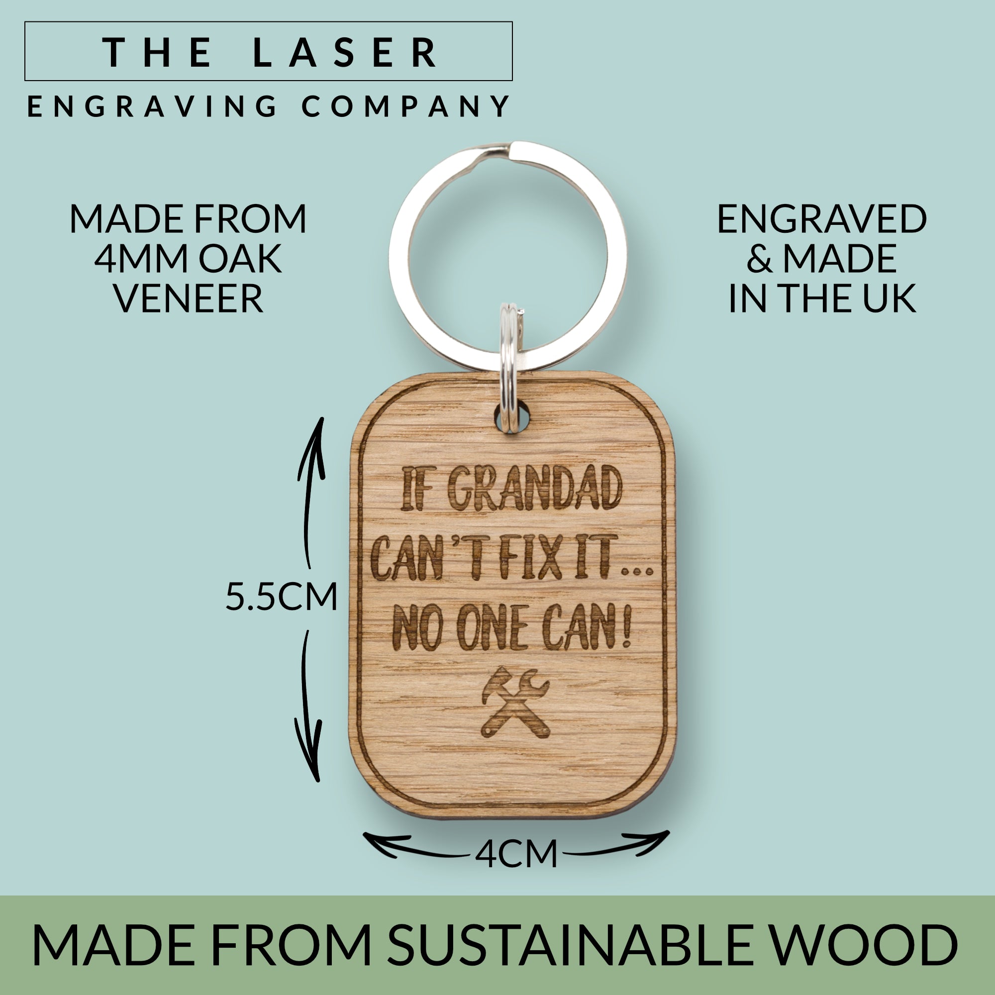 'If Grandad Can't Fix It...' Oak Keyring, Key Ring, Father's Day Gifts