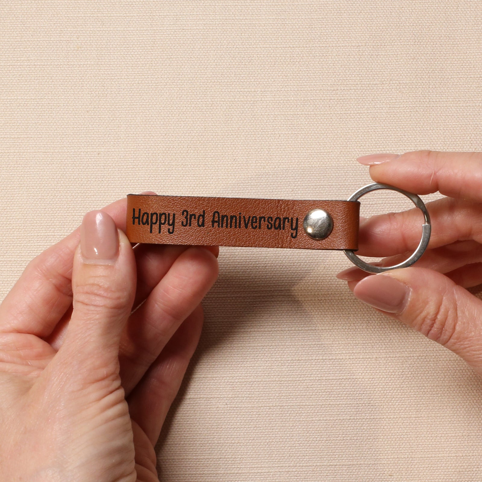 Happy 3rd Wedding Anniversary Vegan PU Leather Third Keyring, 3 Years Together Wife Husband Faux Romantic Gift Husband