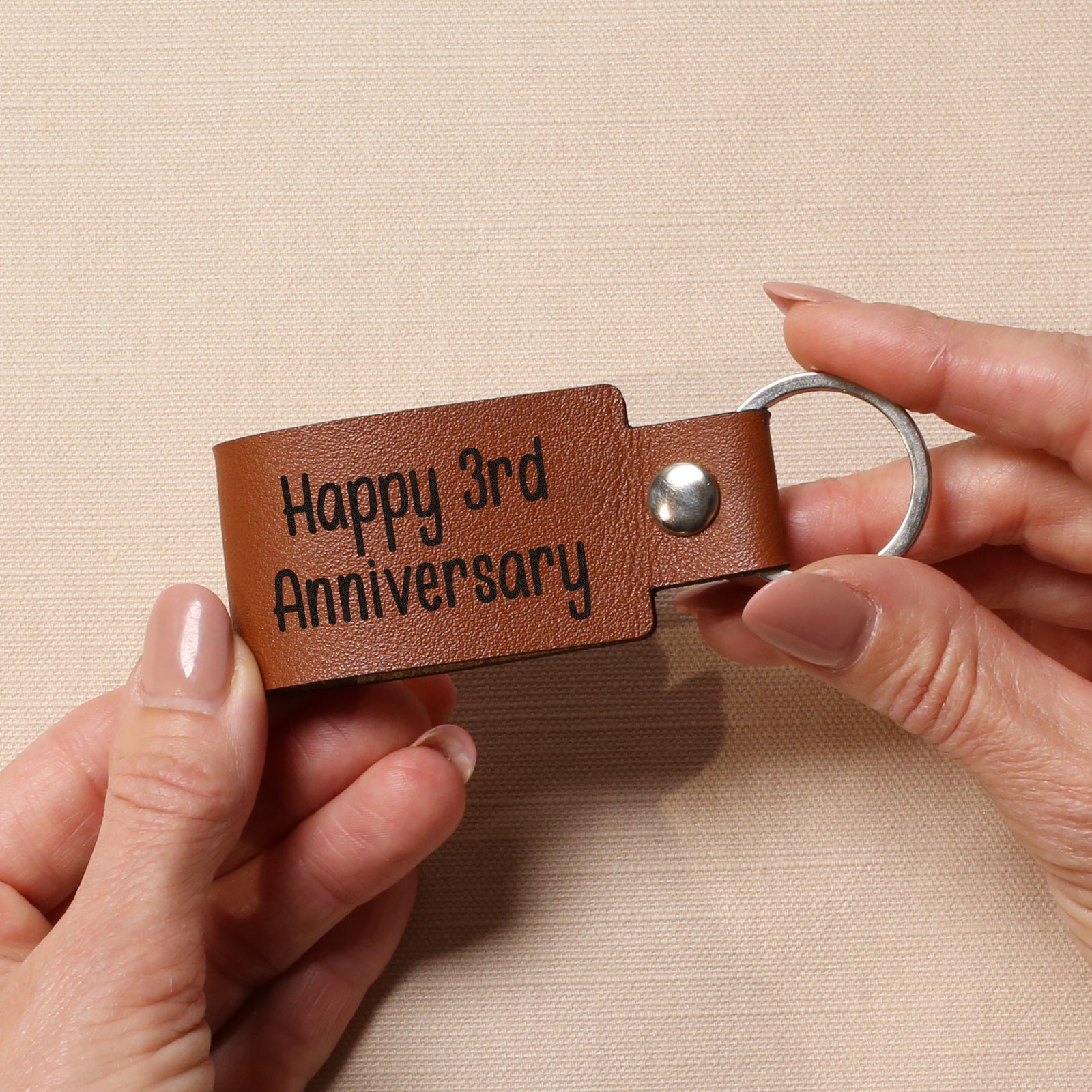 Happy 3rd Wedding Anniversary Vegan PU Leather Keyring 3 Years Third Keepsake Wife Husband