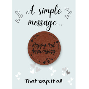 Happy 3rd Wedding Anniversary Faux Leather Pocket Token Hug Married Three Year Vegan Engagement Wife Husband