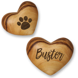 Personalised Small Pet Memorial Olive Wood Heart Pocket Token Hug Keepsake Paw Print Pet Sympathy Pawprint