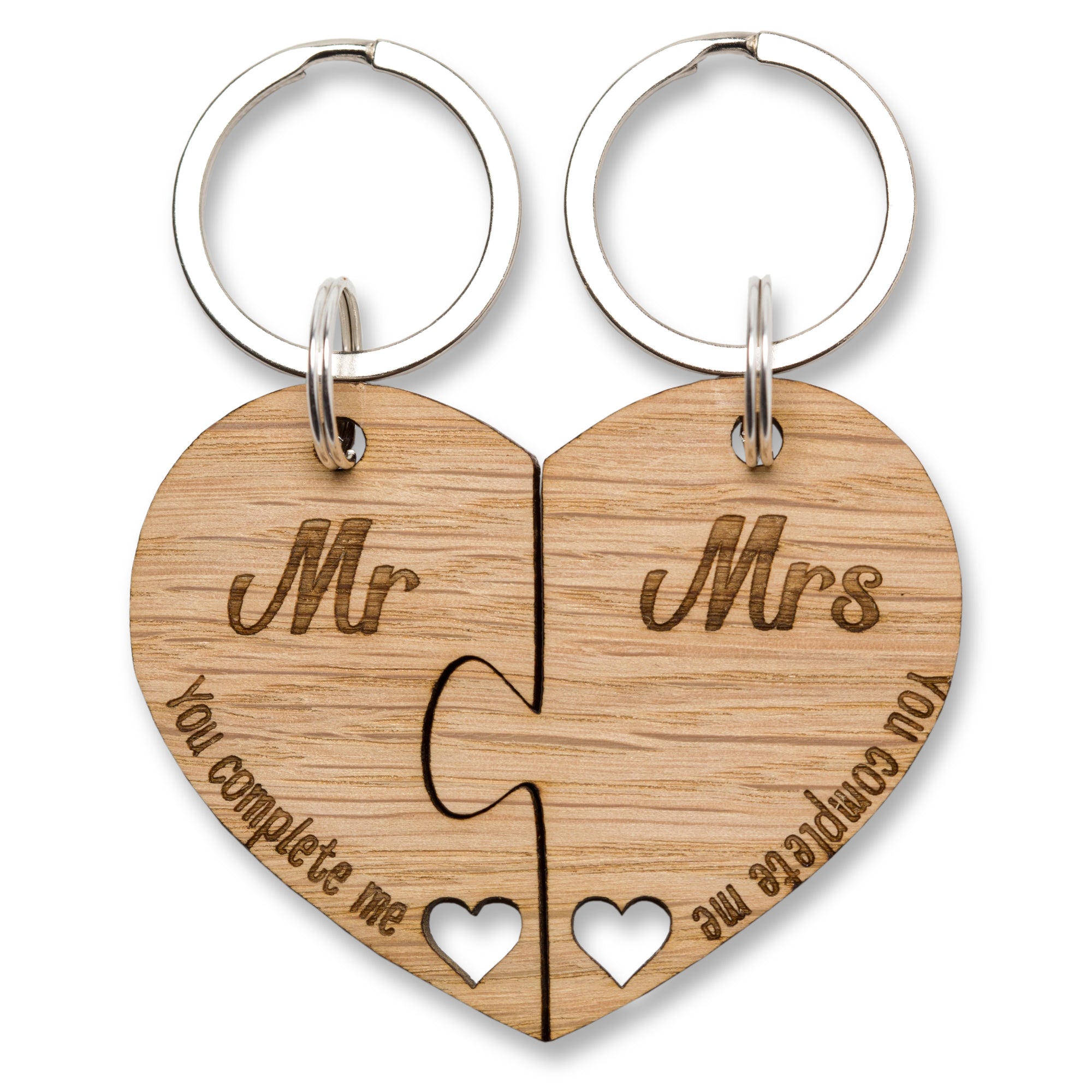 Mr & Mrs Jigsaw Heart Oak Keyring 'You Complete Me' Couple Key Chain Ring Gift, Perfect for Valentine's Day, Wedding, Anniversary, Birthday, Christmas