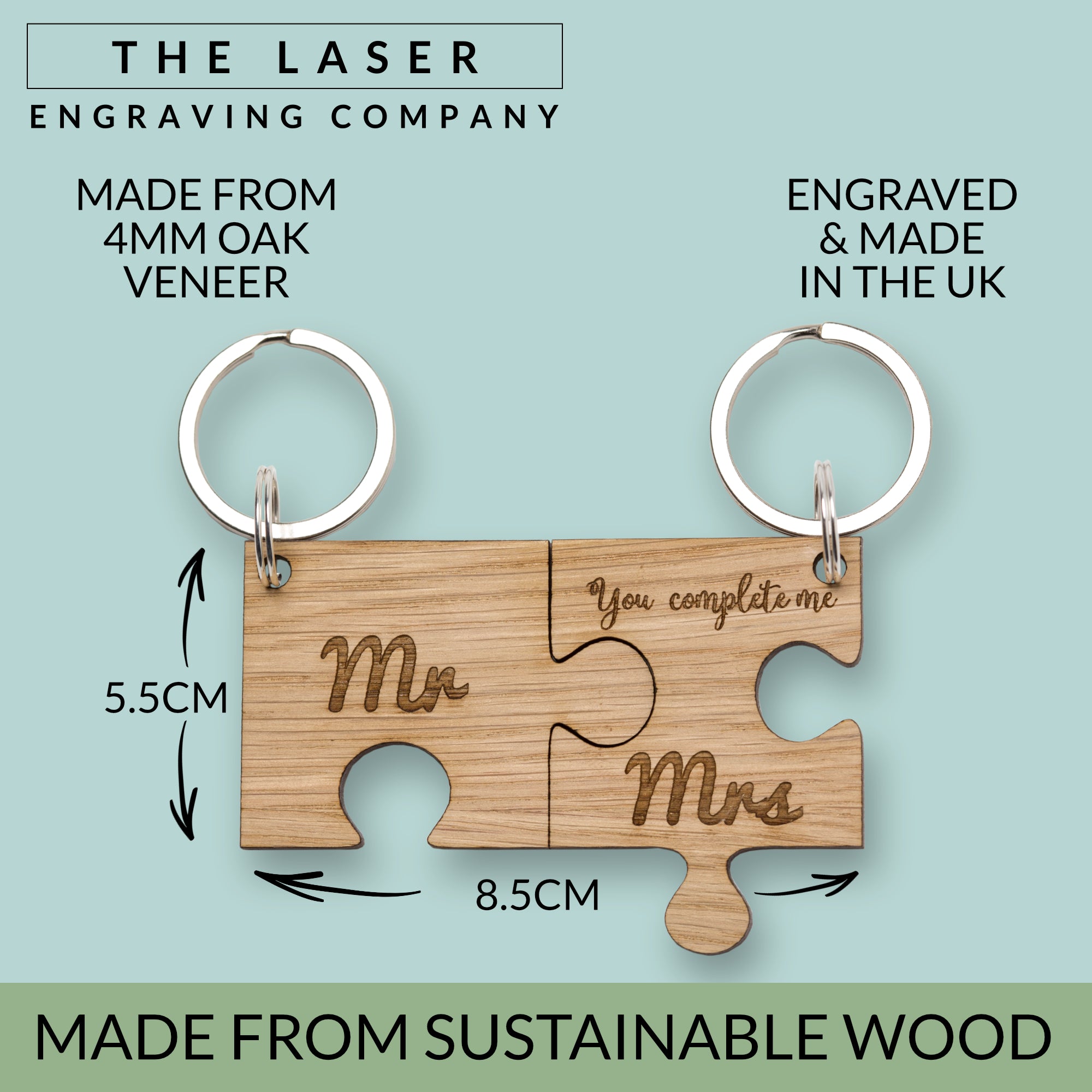 Jigsaw Oak Keyring Mr & Mrs 'You Complete Me' Wooden Keyring Romantic Valentines Gifts Key Ring