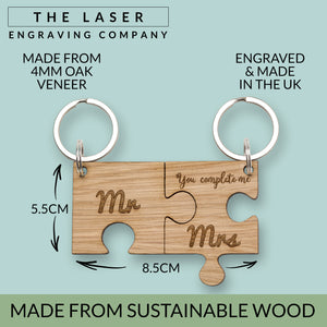 Jigsaw Oak Keyring Mr & Mrs 'You Complete Me' Wooden Keyring Romantic Valentines Gifts Key Ring
