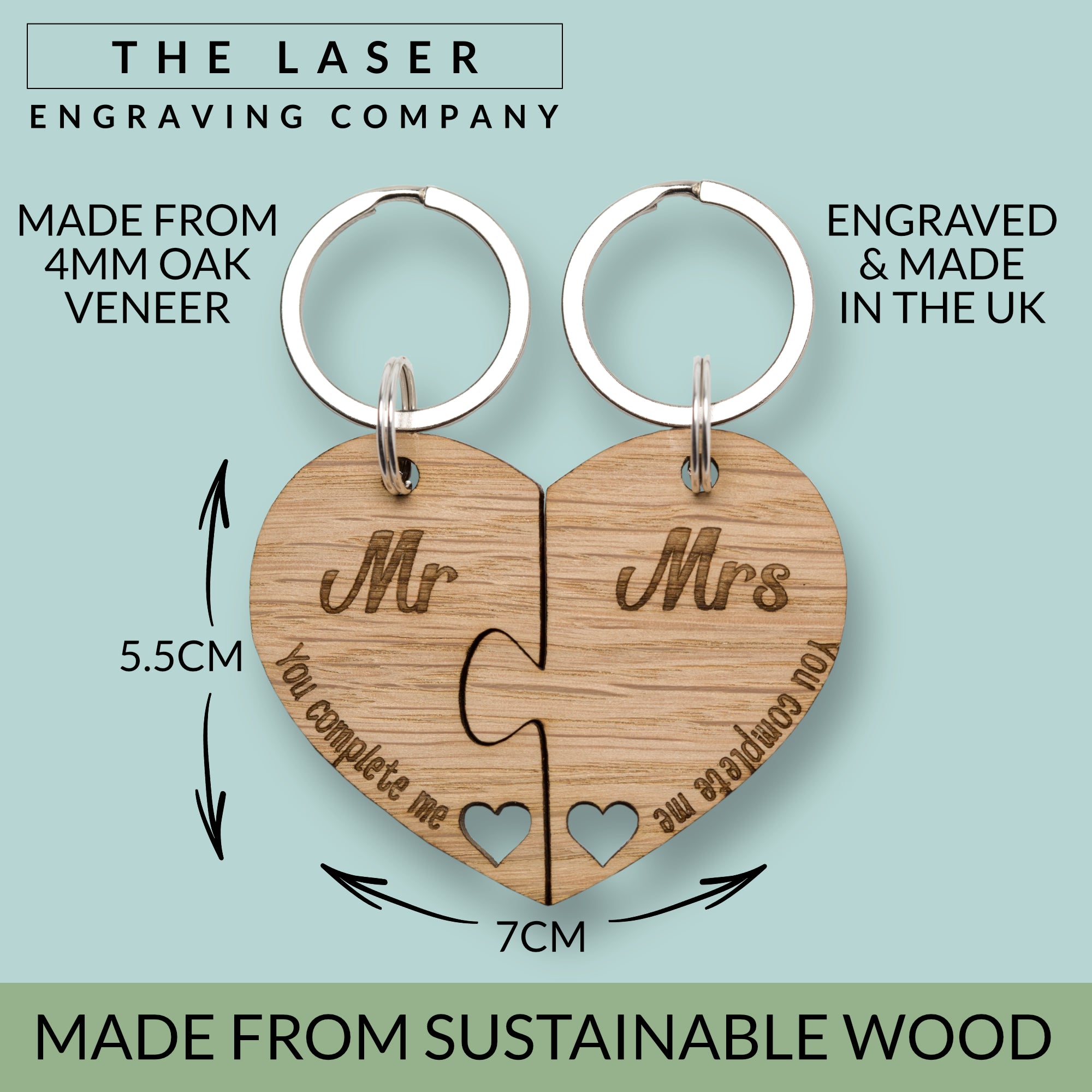 Mr & Mrs Jigsaw Heart Oak Keyring 'You Complete Me' Couple Key Chain Ring Gift, Perfect for Valentine's Day, Wedding, Anniversary, Birthday, Christmas