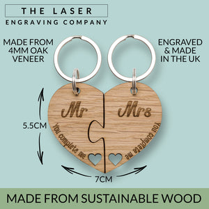 Mr & Mrs Jigsaw Heart Oak Keyring 'You Complete Me' Couple Key Chain Ring Gift, Perfect for Valentine's Day, Wedding, Anniversary, Birthday, Christmas