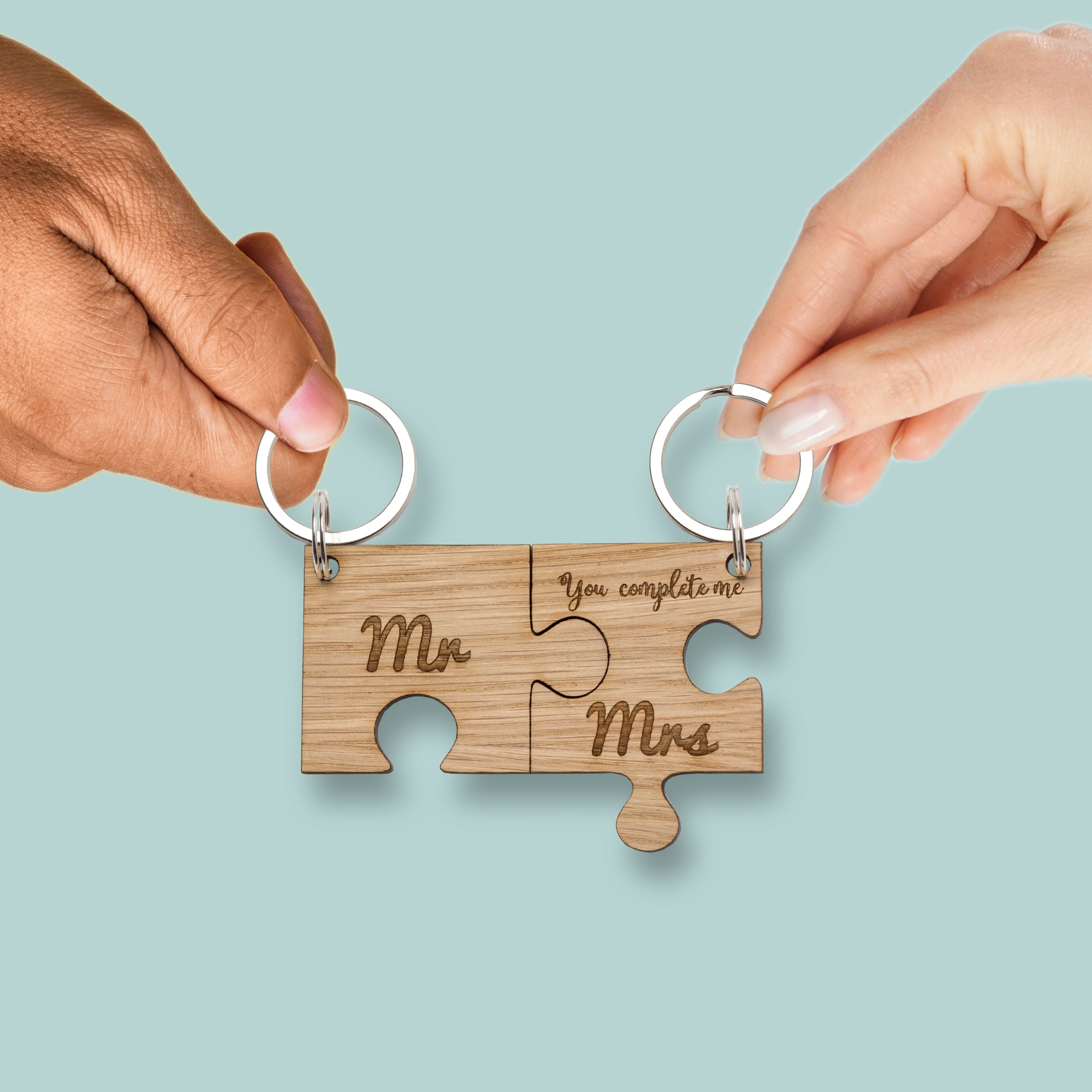 Jigsaw Oak Keyring Mr & Mrs 'You Complete Me' Wooden Keyring Romantic Valentines Gifts Key Ring