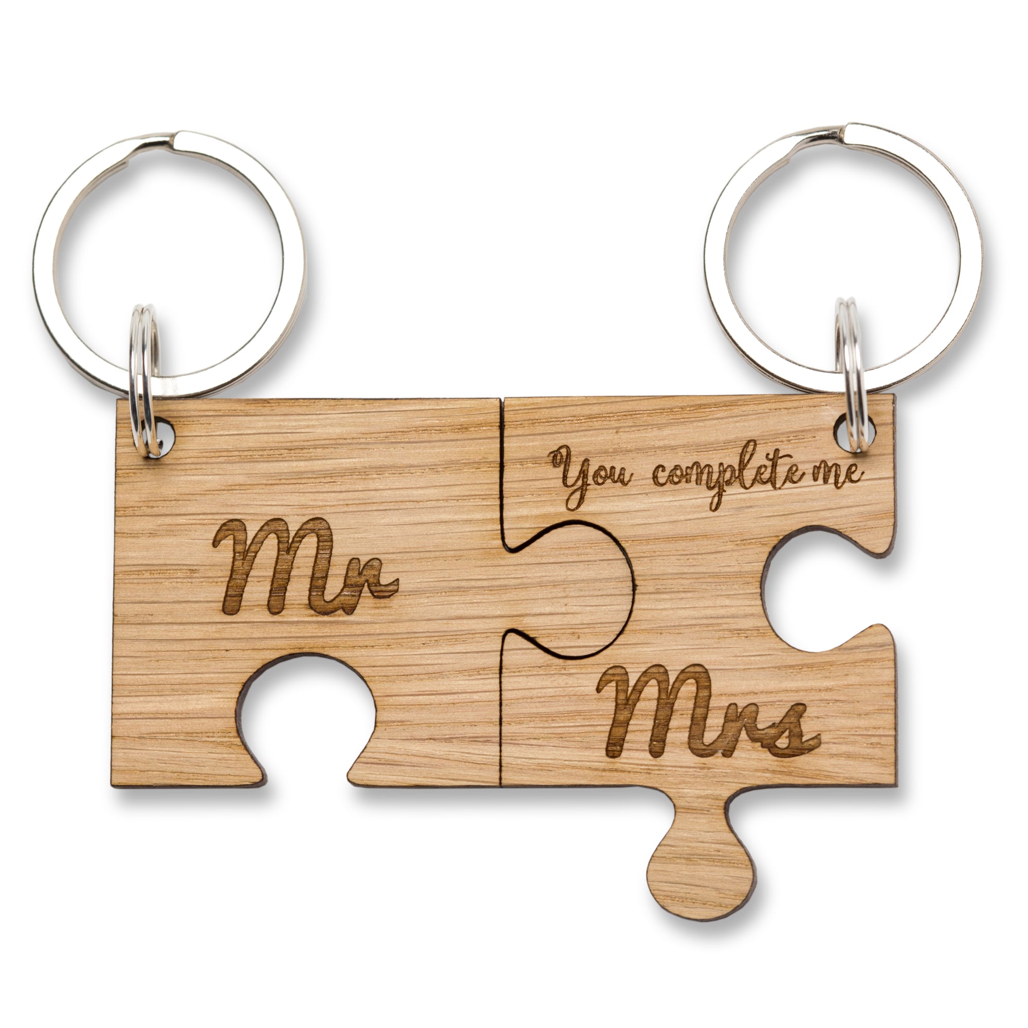Jigsaw Oak Keyring Mr & Mrs 'You Complete Me' Wooden Keyring Romantic Valentines Gifts Key Ring