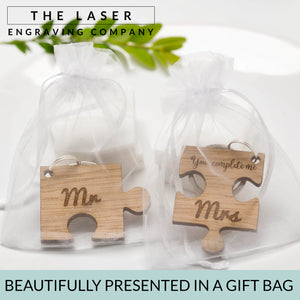 Jigsaw Oak Keyring Mr & Mrs 'You Complete Me' Wooden Keyring Romantic Valentines Gifts Key Ring