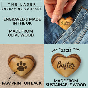 Personalised Small Pet Memorial Olive Wood Heart Pocket Token Hug Keepsake Paw Print Pet Sympathy Pawprint