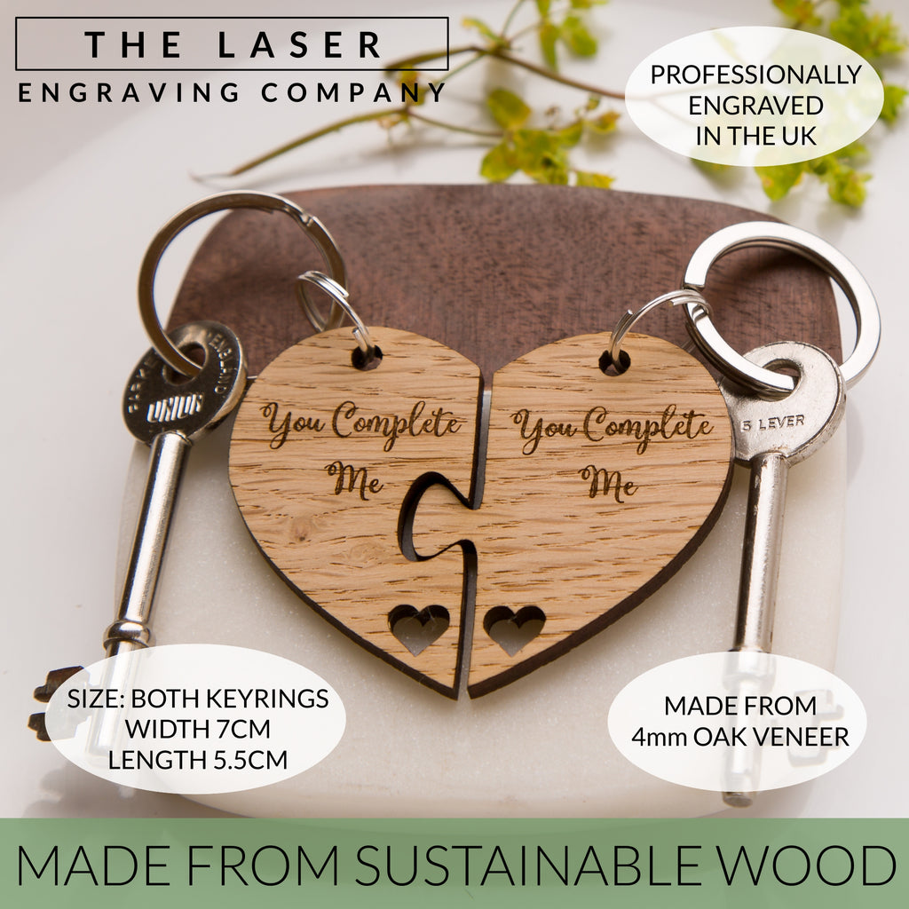 Jigsaw Heart Oak Keyring 'You complete me' Wooden Oak Heart Keyring Anniversary Gifts