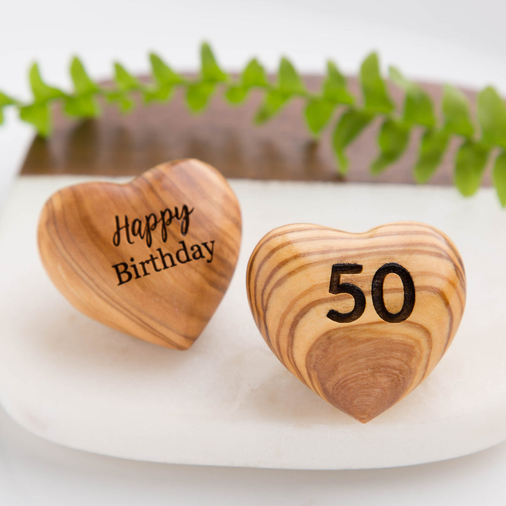 A Little 50th Birthday Hug Token, Olive Wood Heart