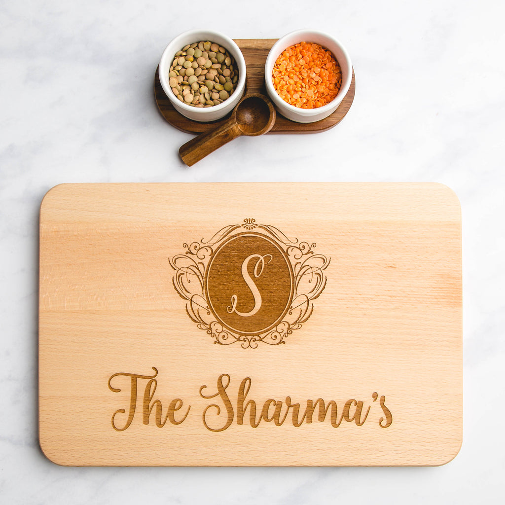 Family Surname & Monogram Letter Personalised Engraved Wooden Chopping Board