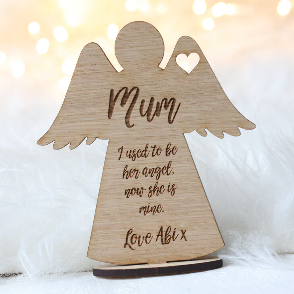 Personalised Mum Memory Angel Wooden Keepsake With Stand