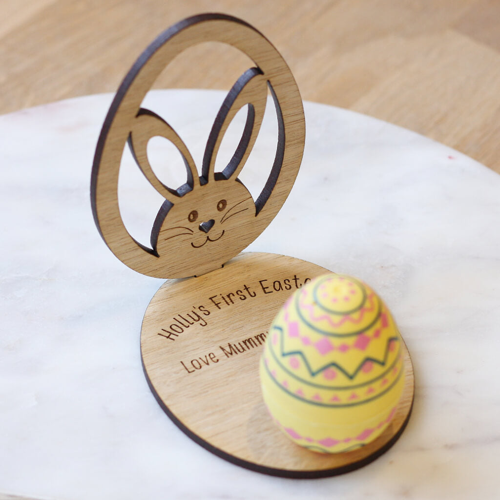 Personalised Easter Keepsake Wooden Ornament Egg & Bunny With Stand