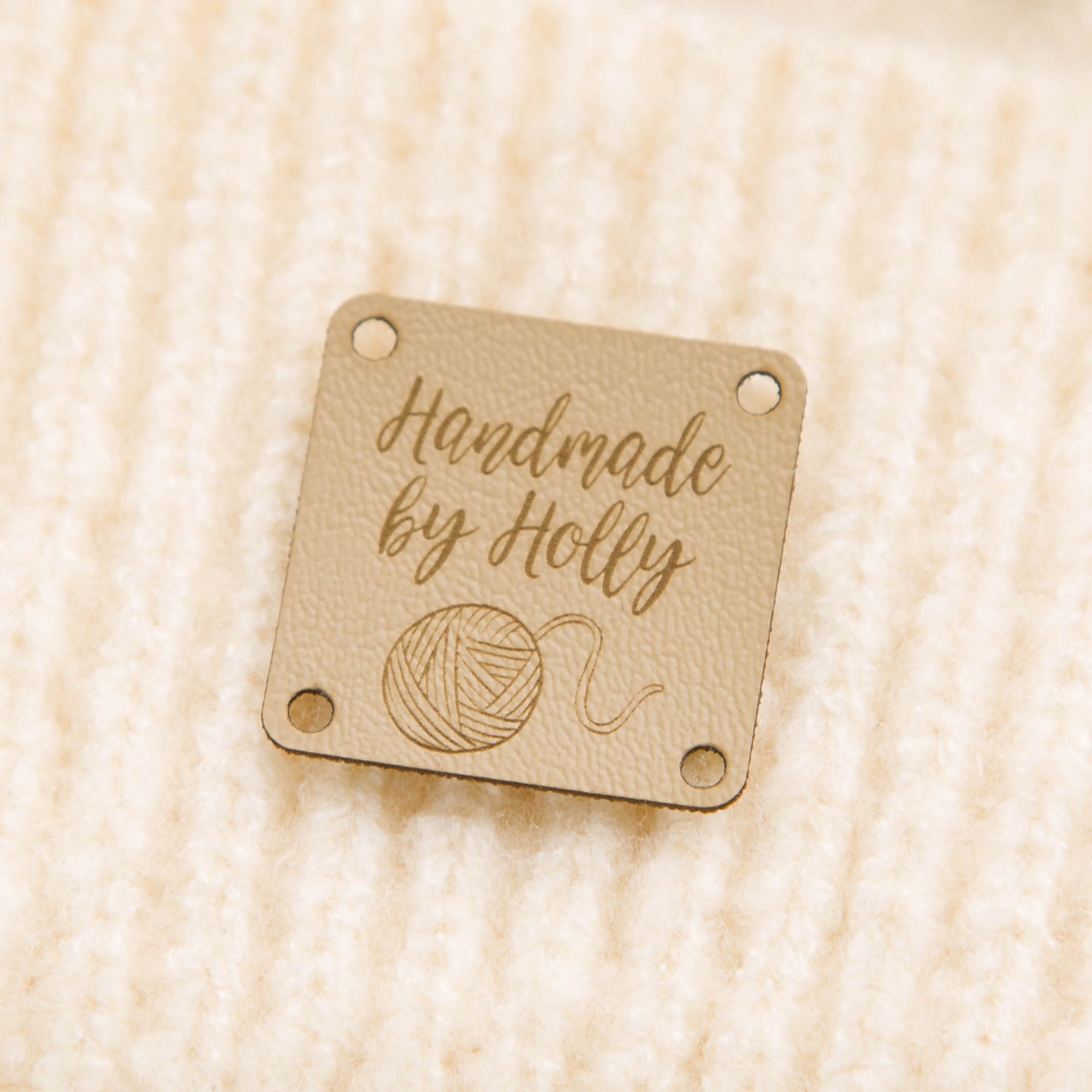 Personalised, Set of 10, Square Faux Leather, Sew On Label, Handmade By, Knitting, Clothing / Crochet Tags