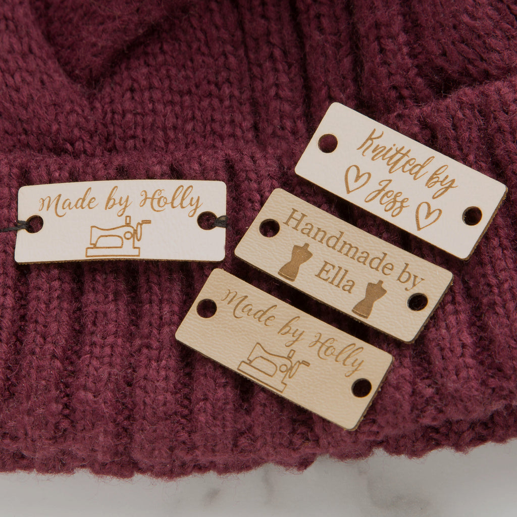 Personalised, Set of 10 Rectangle, Faux Leather, Sew On, Custom Handmade Tags, Knitting, Clothing / Crochet Tags