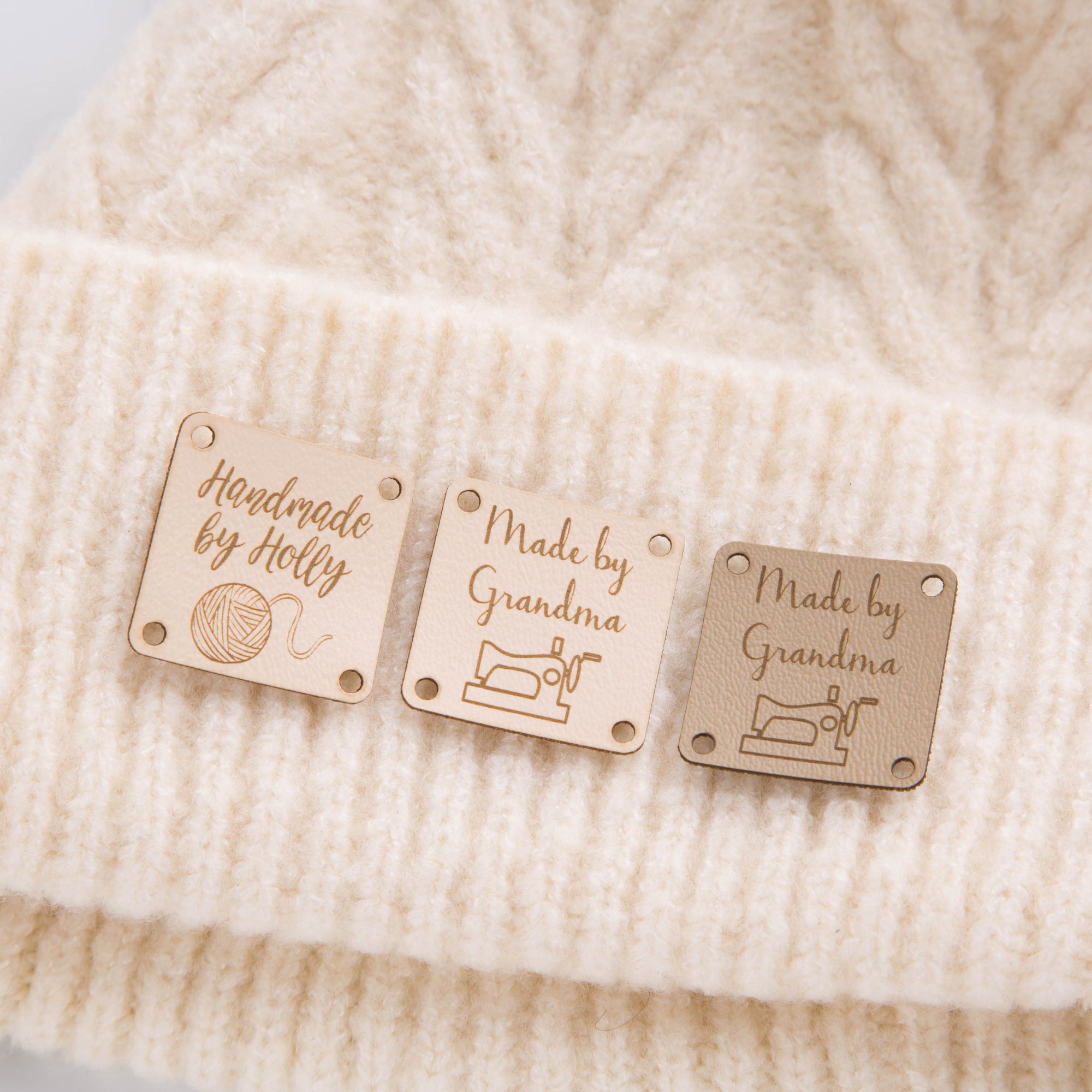 Personalised, Set of 10, Square Faux Leather, Sew On Label, Handmade By, Knitting, Clothing / Crochet Tags