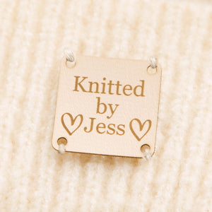 Personalised, Set of 10, Square Faux Leather, Sew On Label, Handmade By, Knitting, Clothing / Crochet Tags