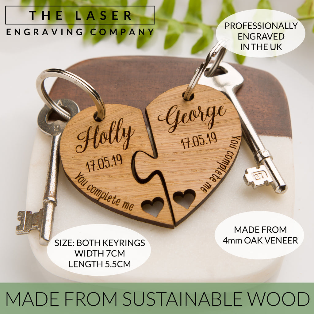 Personalised Jigsaw Heart Oak Keyring 'You complete me' Anniversary Gifts