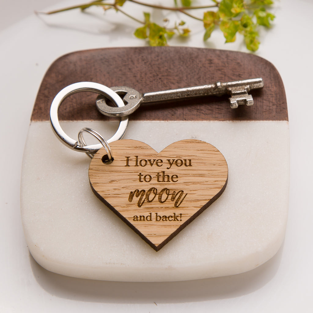 'I love you to the moon and back' Wooden Oak Heart Keyring