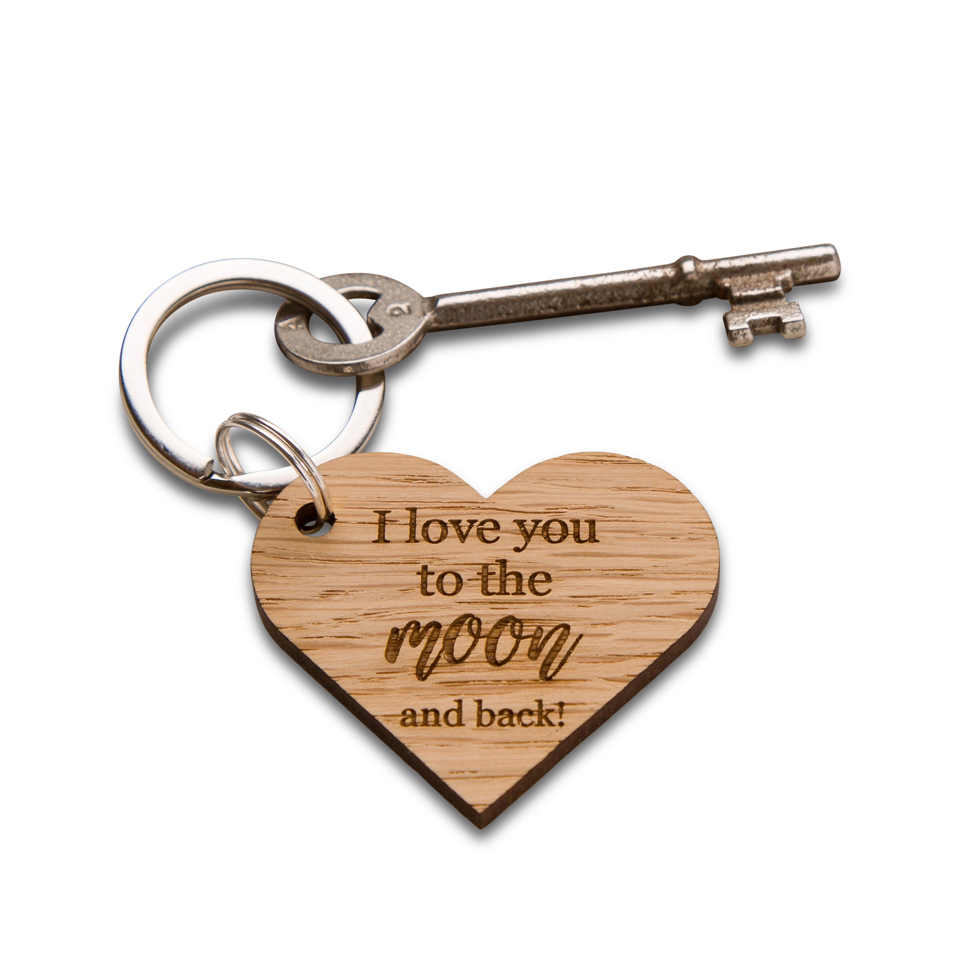 'I love you to the moon and back' Wooden Oak Heart Keyring