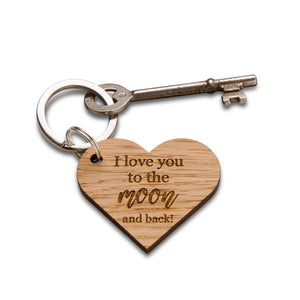 'I love you to the moon and back' Wooden Oak Heart Keyring