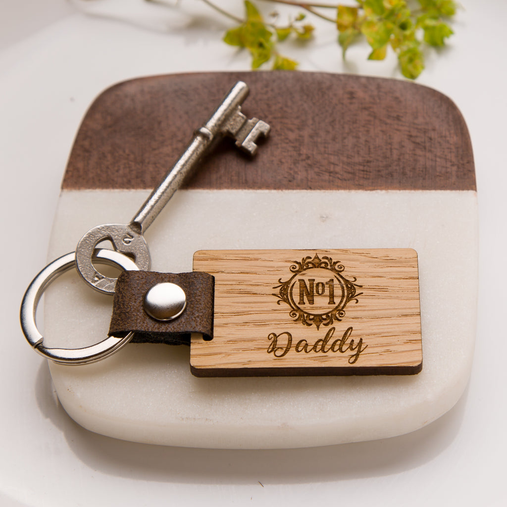 'No 1 Daddy' Wooden Oak Key Ring PU Vegan Leather