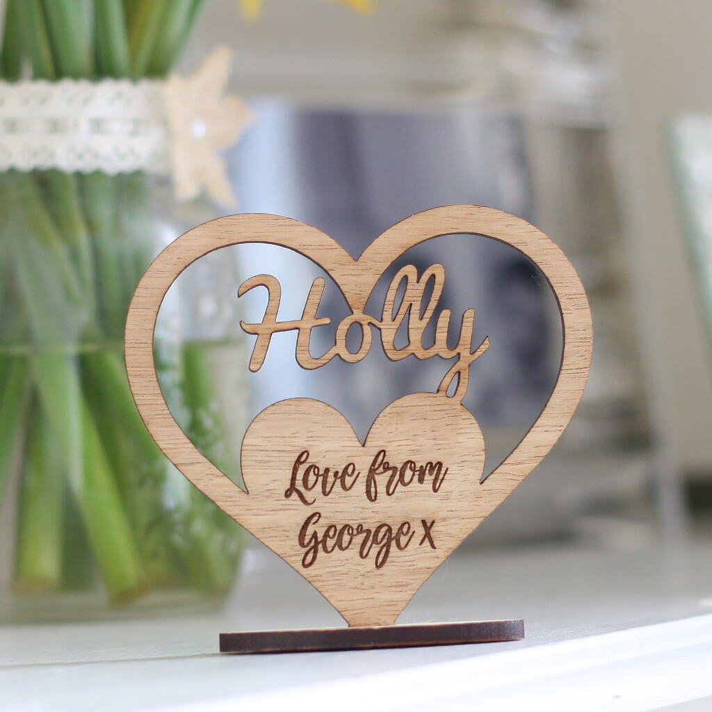Personalised Keepsake Wooden Name Ornament Heart With Stand