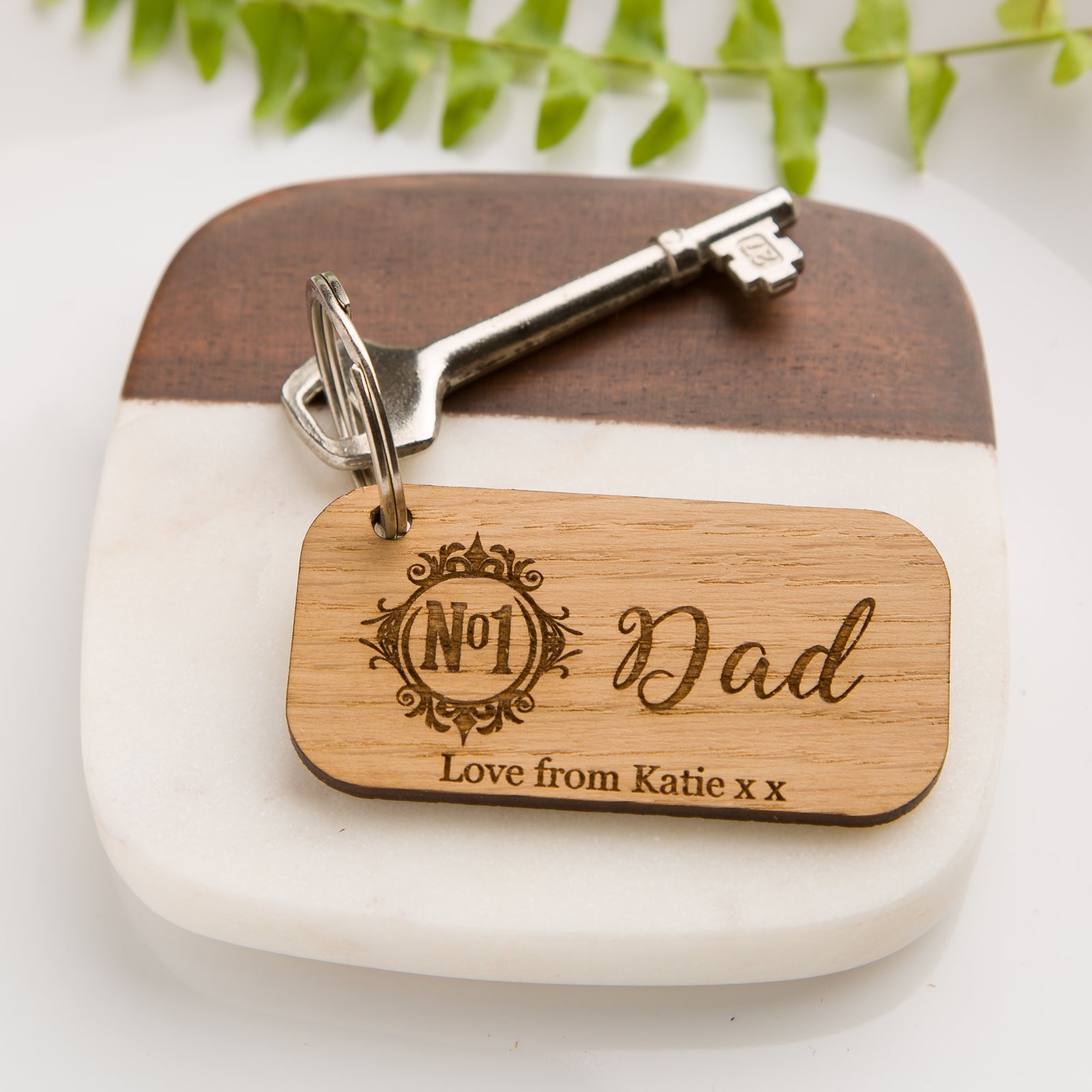 Personalised 'No 1 Dad' Wood Oak Keyring