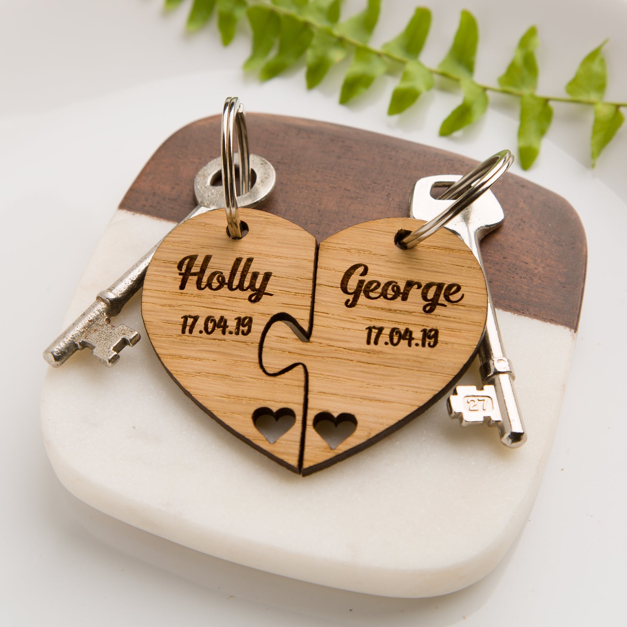 Personalised Jigsaw Heart Oak Keyring Name & Date, Anniversary Gifts