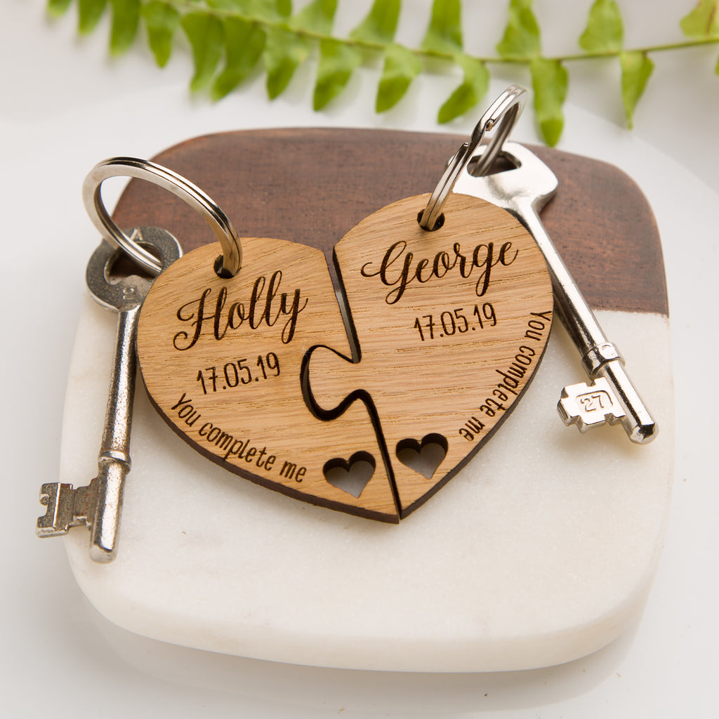Personalised Jigsaw Heart Oak Keyring 'You complete me' Anniversary Gifts