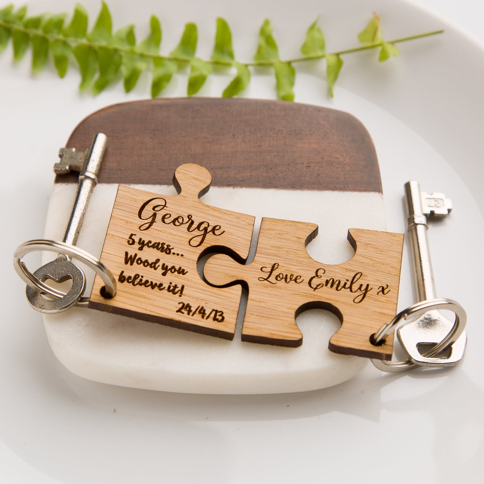 Personalised Jigsaw Oak Keyring Wood You Believe It - 5th Anniversary Gifts