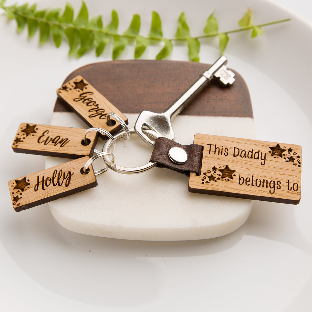 Personalised Star Oak and Vegan Leather 'This Daddy Belongs To...' Keyring