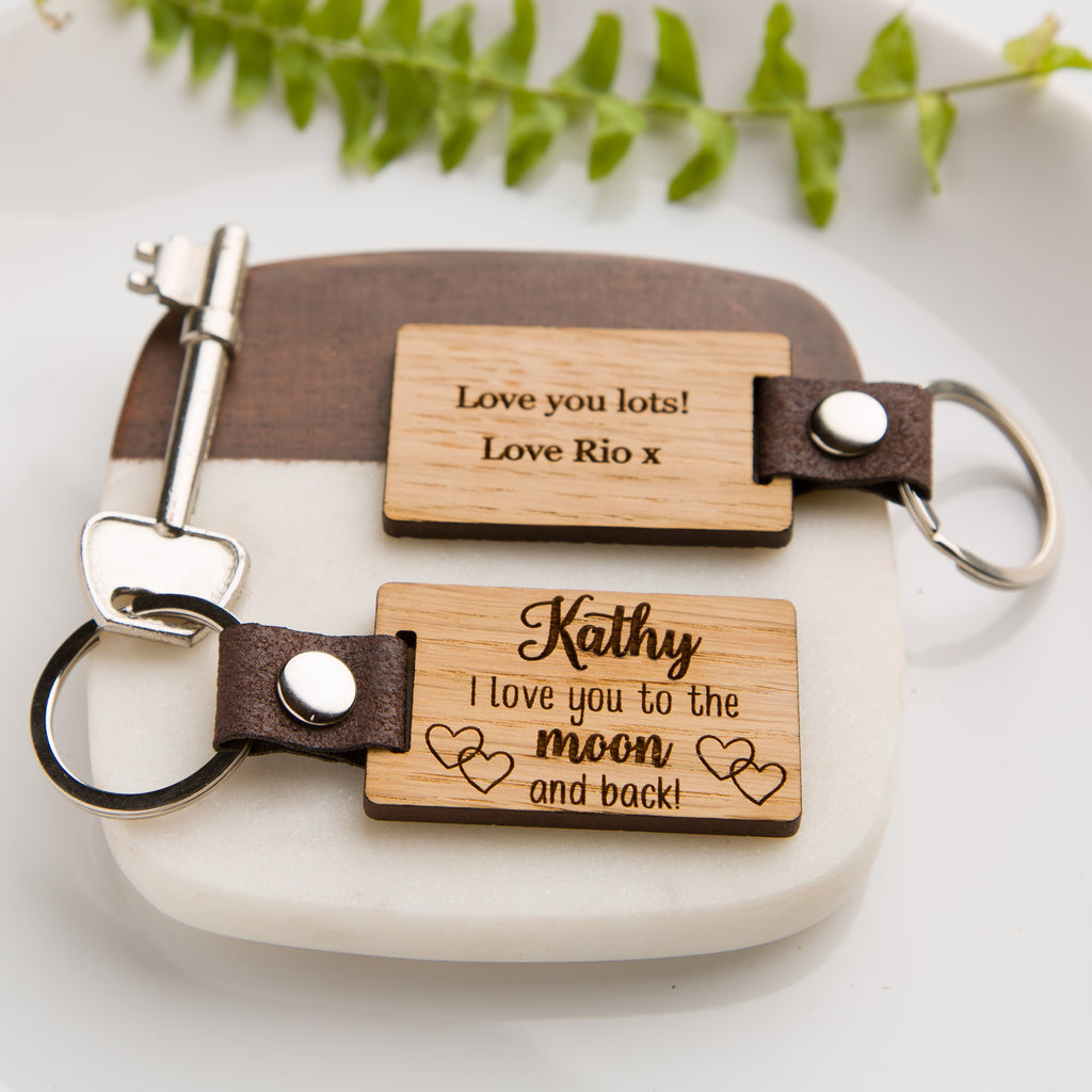 Personalised 'I Love you to the moon and back' Wooden Oak Keyring PU Vegan Leather