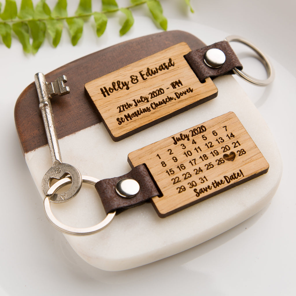 Personalised Wedding 'Save The Date' Oak Calendar Date Keyring - PU Vegan Leather