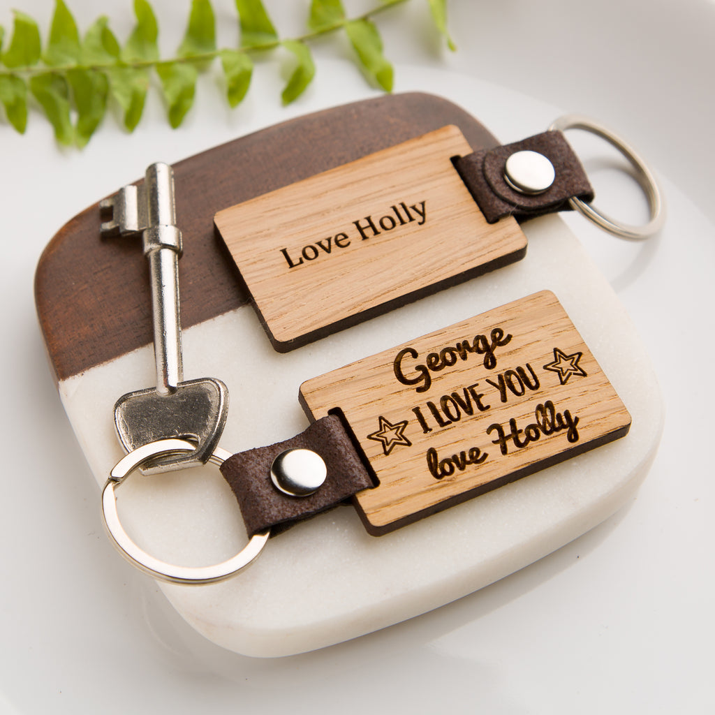 Personalised 'I Love You' Wooden Keyring PU Vegan Leather