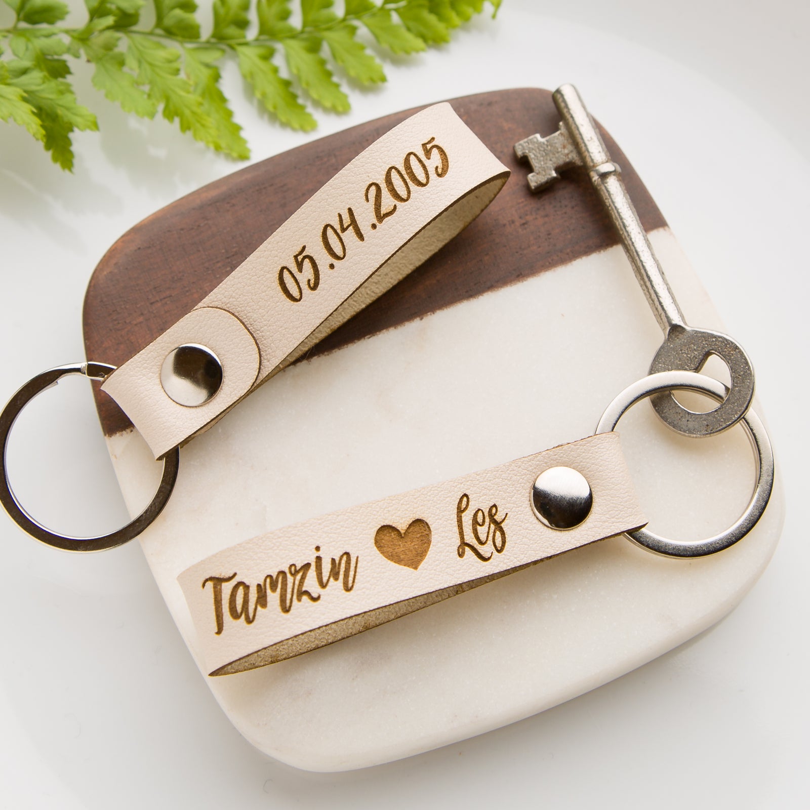 Personalised x2 PU Vegan Leather Name And Heart Loop Keyring (Two Keyrings)