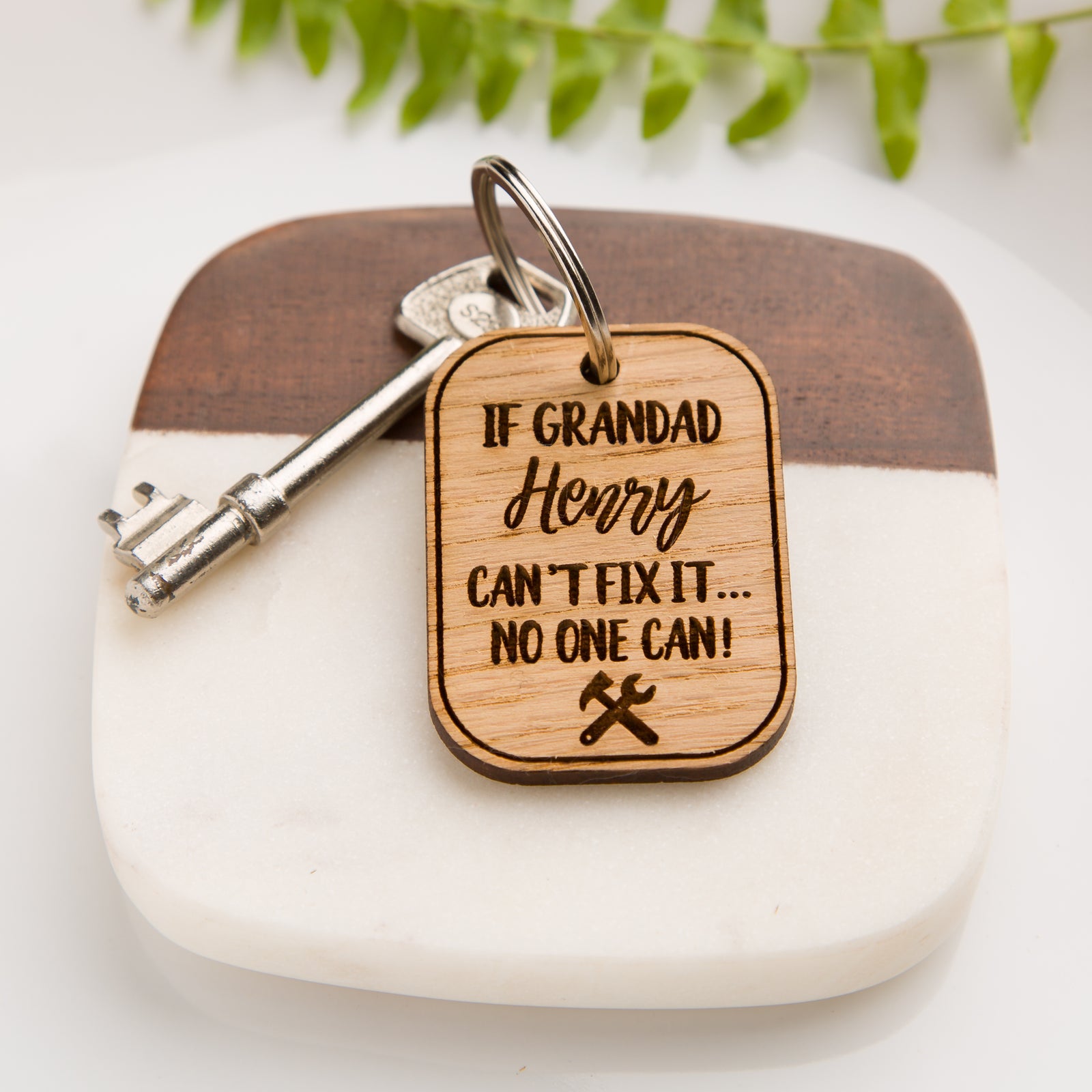 Personalised 'If Grandad Can't Fix It...' Wooden Oak Keyring