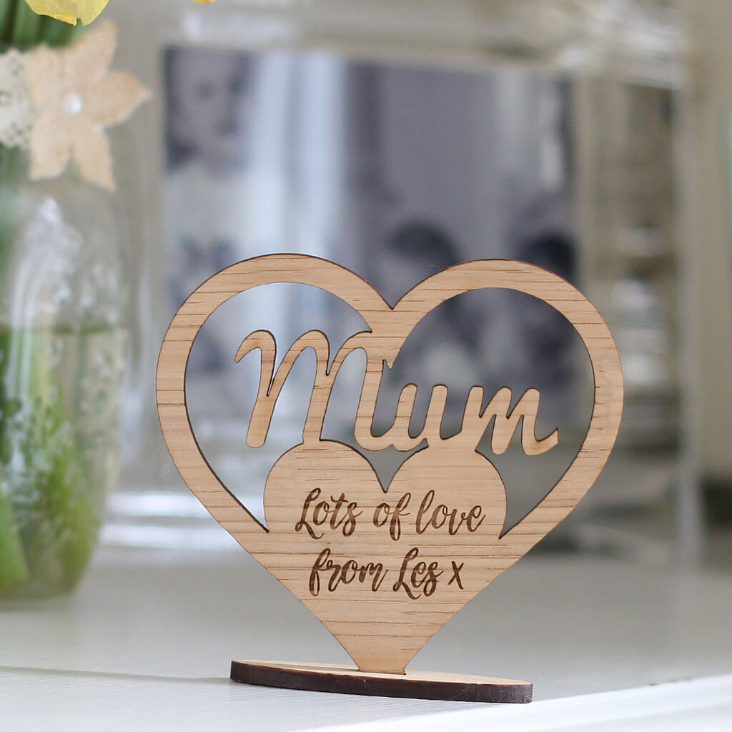 Personalised Mum Keepsake Wooden Ornament Heart Sign With Stand