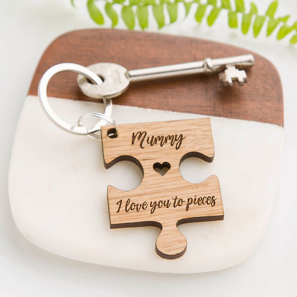'Mummy I Love You To Pieces' Jigsaw Oak Keyring