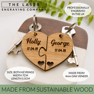 Personalised Jigsaw Heart Oak Keyring Name & Date, Anniversary Gifts