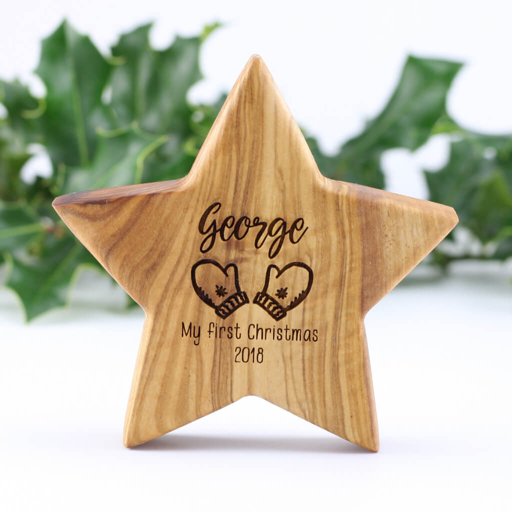Personalised First Christmas Olive Wood Star With Nine Images